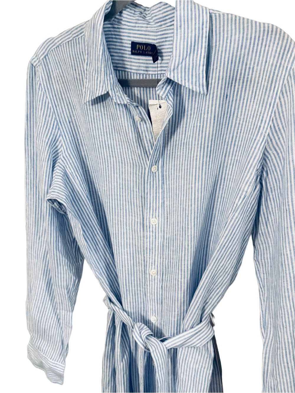 Polo Ralph Lauren Blue/white Linen Shirt Dress Fit /Flare Long Sleeves Sz 14 NWT - Picture 2 of 13